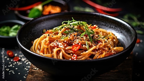 Japanese noodles with spicy sauce sprinkled with sesame seeds on a black board with copy space. Food photography
