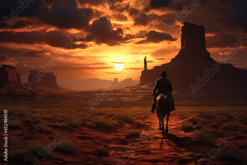 A spaghetti western landscape with a lone cowboy, embodying the rugged charm of Western films. Generative Ai.