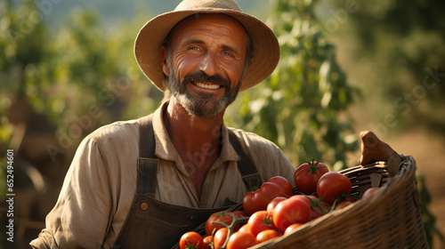 Old senior aged greek farmer wearing traditional outfit and hat, holding a tomato basket in hands