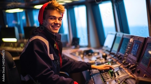Young Ship's Captain Guiding a Contemporary Cargo Vessel