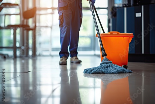 Janitor Mopping an Office Floor, Mop Close-Up, Cleaner Cleans the Floors, Generative AI Illustration