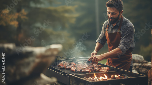  A young man grilling outdoors. Comfortable grill for grilling meat and picnic. 