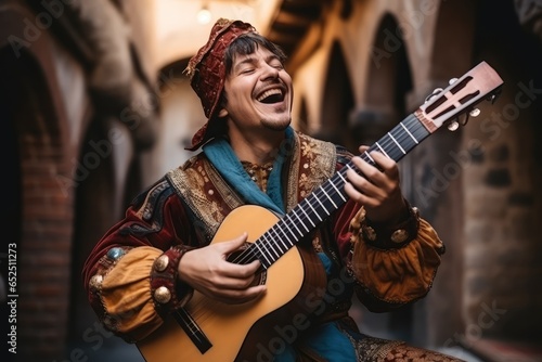 Bard Plays his Lute, Minstrel Song, Troubadour Music, Medieval Singer, Cosplayer Dressed as Jester