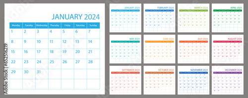 Calendar planner 2024, vector schedule month calender, organizer template. Week starts on Monday. Business personal page. Modern simple illustration