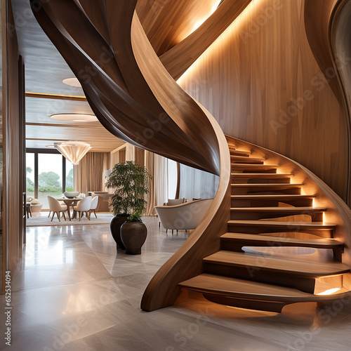 escalier tournant en bois dans une maison - IA Generative