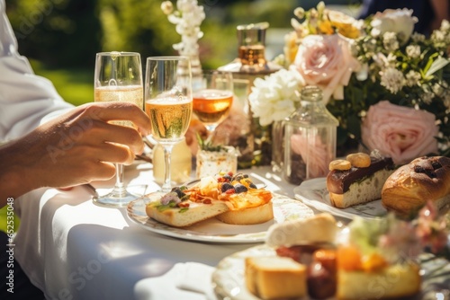 Under a grand gazebo, two polished socialites clink crystal glasses their picnic table brims with a gourmet array of artisanal cheeses, delicate pastries, and vintage champagne, mirroring