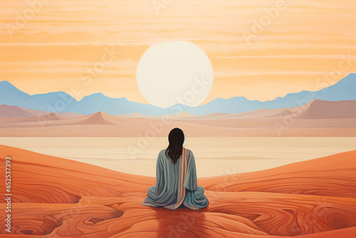 color block pastel illustration of woman from the back sitting in mindful meditating in nature by desert/sand for peace/clarity/mental wellbeing/balance digital painting hand drawn look