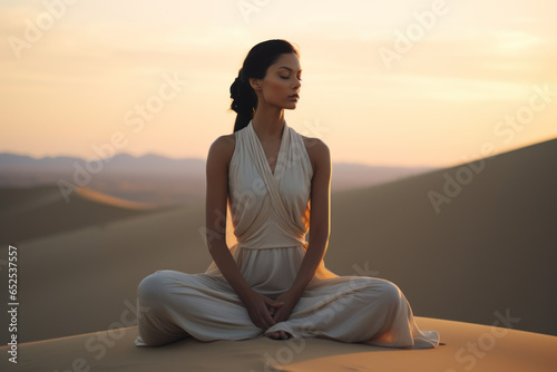 editorial film photo of a young white woman sitting in mindful meditating in nature by desert/sand for peace/clarity/mental wellbeing/balance magazine style