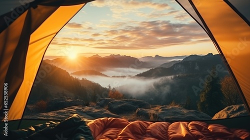 A traveler is relaxing with dramatic natural view in front of camping tent. 