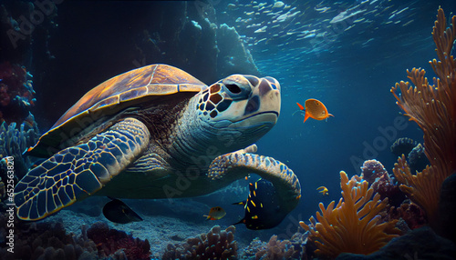Tropical coral reef fish underwater world and sincere sea turtle smailing in the underwater, Ai generated image