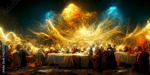 An explosion chiaroscuro wind movement last supper linear perspective 13 apostles gold copper silver metal high renaissance psychedelic fractal vermillion ultramarine 8k realistic warm colors full 