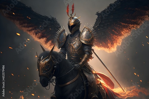 Polish winged hussar with dragon wings wielding huge spear Gold armor with red elements Volcanic fantasy desert battle in the background Dramatic fog and fire Epic cinematic action scene Dark souls 
