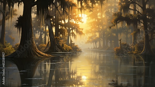 a serene bayou with cypress trees, Spanish moss, and reflections in still waters