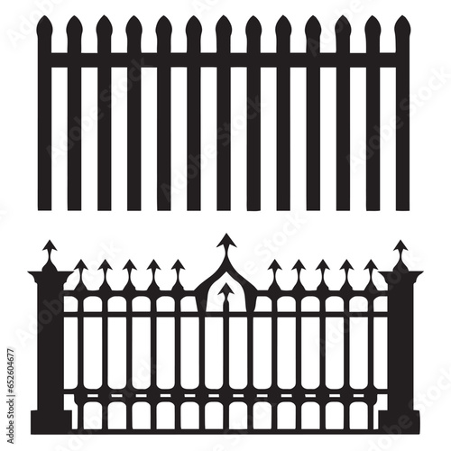 Wrought iron fence with gate silhouette vector illustration