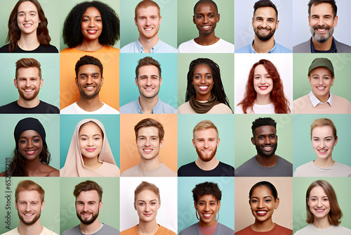 Collage of portraits and faces of smiling multiracial group of various diverse people for profile picture on colorful background. Diversity concept. Generative Ai.