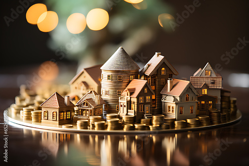 Miniature about the value of property management, buildings, coins, with blurred background, copy space for text.
