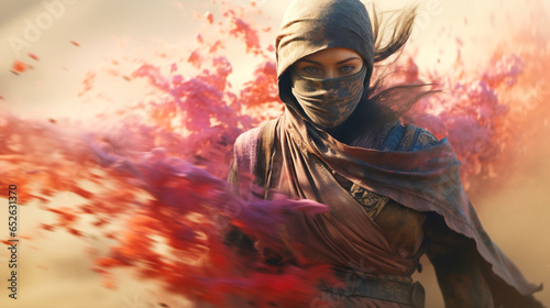 Veiled Shadows: Female Ninja Assassin Warrior Amidst a Sandstorm