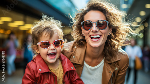 Joyful stepmother and stepdaughter in a bustling mall, their hands full of stylish shopping bags, radiating pure happiness and consumerist thrill.