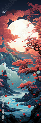 Japanese landscape, in the style of detailed multi-layered compositions, colorful bright bookmark. ai generative art
