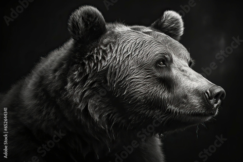 Black and white portrait of a grizzly bear on a black background.