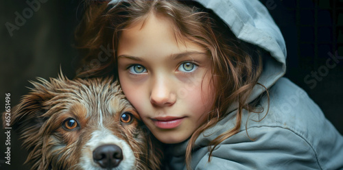 Touching portrait of a drenched little girl cradling her cherished, elderly dog. Emphasizes the importance of caring and the innate bond between children and aged pets.