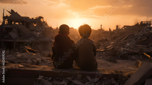Back view of two children in dirty clothes sitting in the middle of destroyed city after the war