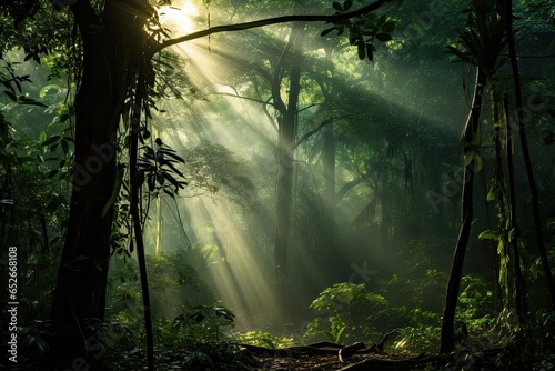 Sunlight in the morning in the forest, Nature background and wallpaper, Dense jungle landscape with dark green trees and sunbeams flashing through the trees, AI Generated