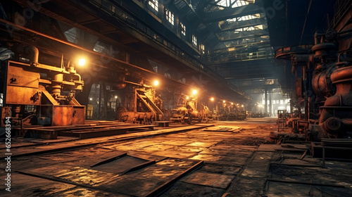 工場の風景、機械が並ぶ薄暗い工場内