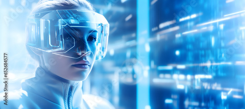 Woman in white suit and futuristic glasses on blue background, Copy Space