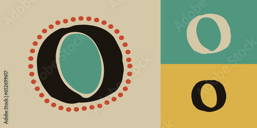 Letter O logo. Lindisfarne calligraphy in majuscule Celtic, Anglo-Saxon, Irish style with red dots pattern.
