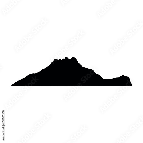 Mountain icon with snowy range silhouette. Alps, hill, black rock and white landscape, icy mount. Flat vector illustrations isolated in background.