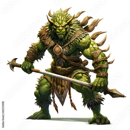 Green tribal looking orc with red eyes wearing leather armor and belts with weapon in his hands isolated on white background. Fantasy creature. Muscular warrior goblin with club in his hands.