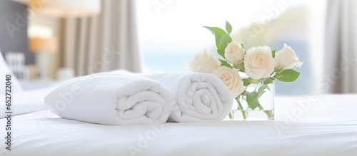 Floral towel on hotel bed with white sheets pillows and room for customization