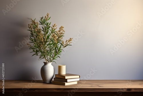 stack of books and flowers in vase lais at wooden table. Scandi style.