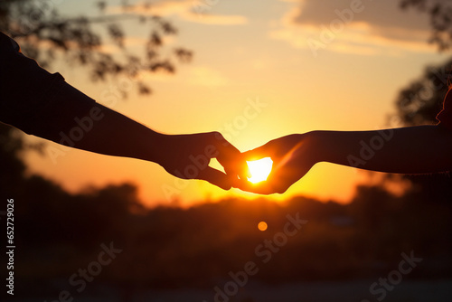 Two couples hands in the sunset with a romantic moment girlfriend and boyfriend handshake nature background.