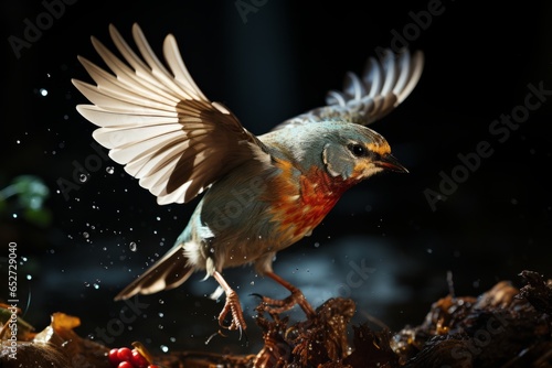 Robin in mid-air with a worm in its beak, Generative AI