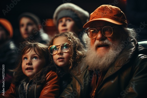 children with grandfather at the cinema