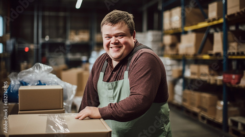 Cheerful young man with down syndrome working in a warehouse, social inclusion concept. Generative AI
