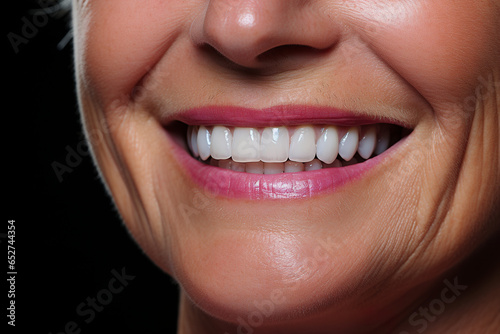 Closeup mouth of a laughing young woman with white teeth implants, overbite