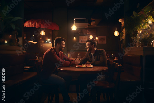 a couple of gay guys enjoy dinner with wine while looking at each other. lgtbi