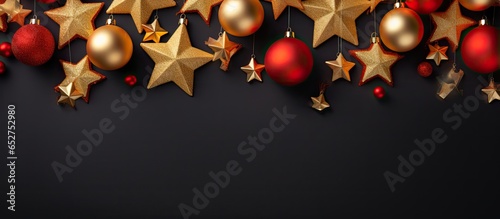Festive Christmas flat lay with fir branches ornaments and stars on a white background