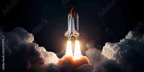 The spaceship takes off into the sky Rocket starts in space, Space shuttle rocket launch in the sky and clouds to outer space sky, A rocket taking off with the words space shuttle on it, generative Ai