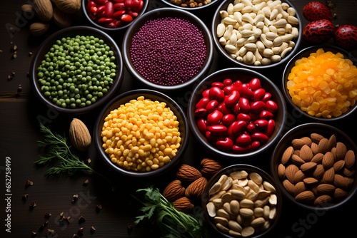 Captivating top-down image showcasing a rich variety of legumes, nuts, and seeds on a dark, textured wooden table, emphasizing the diversity and beauty of vegan protein options.