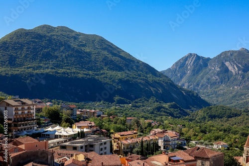 Beautiful cityscape of Lauria laying at the foot of green mountains in Basilicata, southern Italy