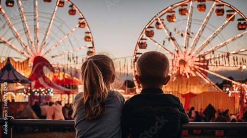 Two children, hands intertwined, stand in awe, gazing at the enchantment of a carnival. Behind them, a brilliantly Ferris wheel pierces the twilight, surrounded by candyfloss-like clouds