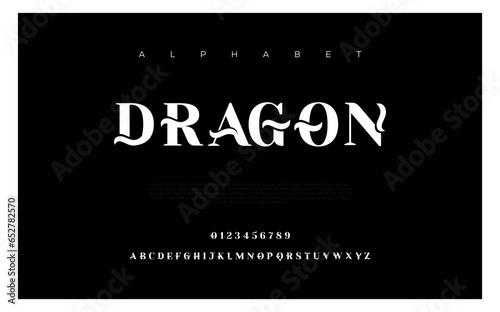 Dragon Modern alphabet. Dropped stunning font, type for futuristic logo, headline, creative lettering and maxi typography. Minimal style letters with yellow spot. Vector typographic design