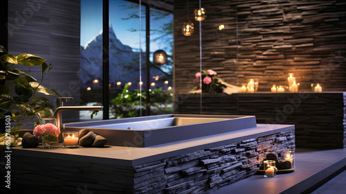 Serene spa bathroom with pebble details and dimmed lighting.
