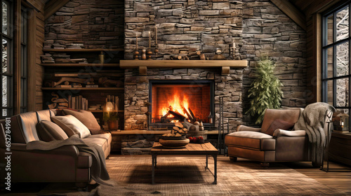 Warm and rustic living room with a stone fireplace and antler decor