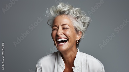 Elderly woman with gray hair is laughing and smiling, mature old lady with healthy face ans skin and white teeth