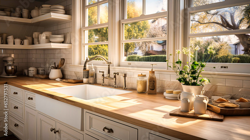 Kitchen with a farmhouse sink and shaker cabinets.